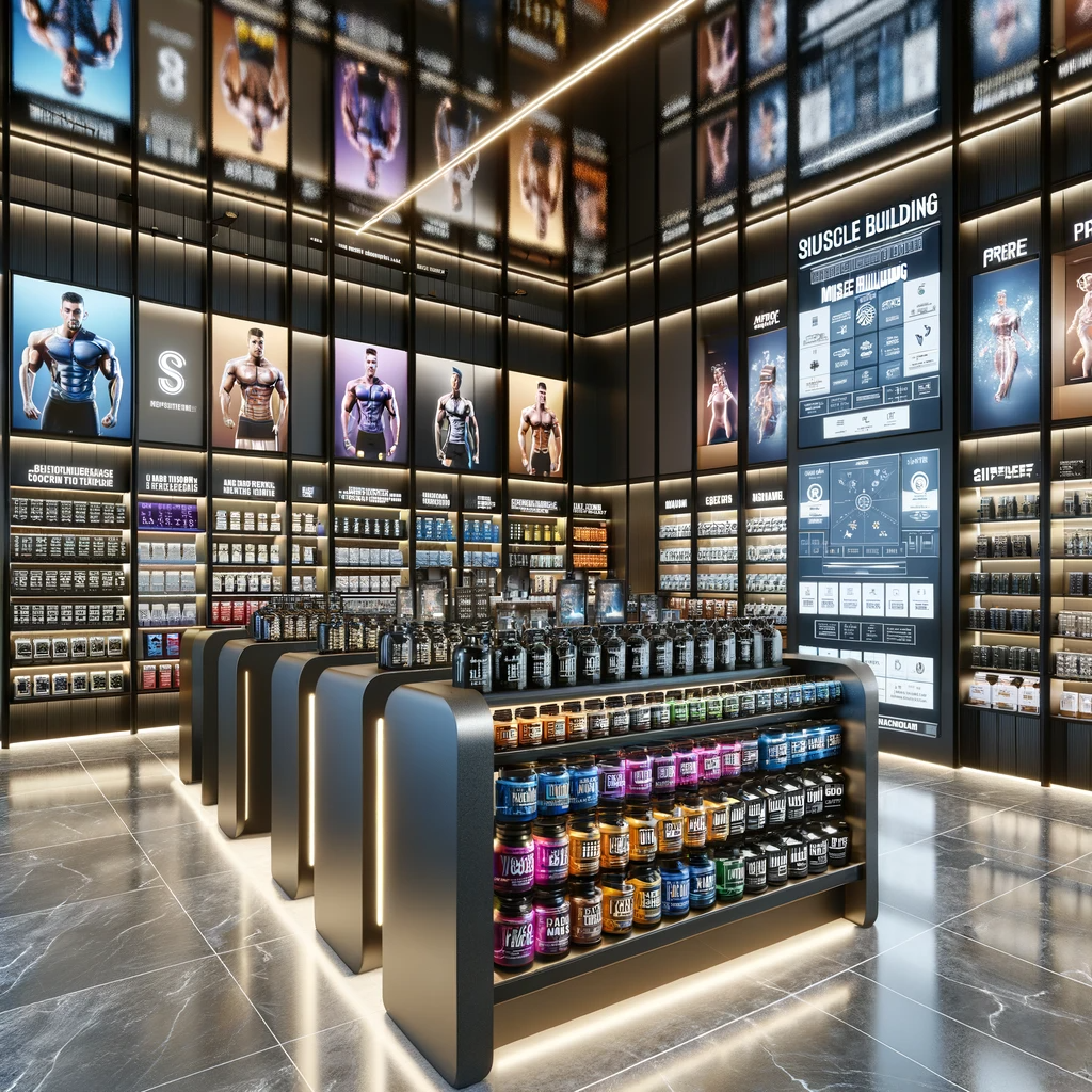 DALL·E 2024-01-28 21.06.33 - The image depicts a sophisticated and modern health and supplement store focusing on muscle building. The interior is sleek and features high-end, met